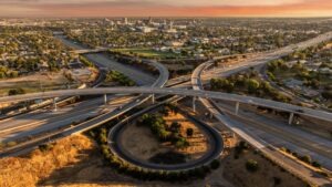 An aerial image of highways in California. A lawyer can explain the difference between a freeway and a highway.